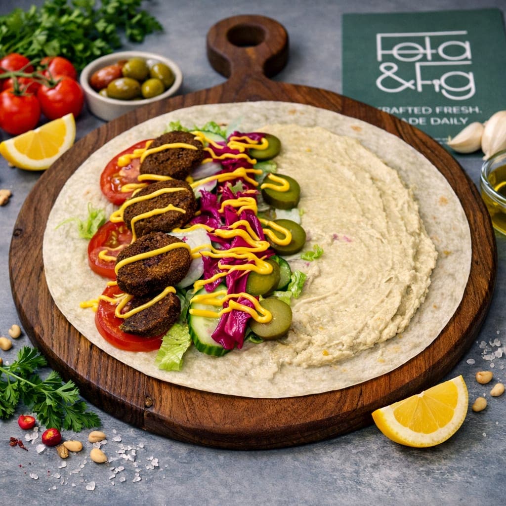 Garden Falafel Wrap — Falafel & Fig Royal with fresh salad, hummus, pickled cabbage & mature cheddar.