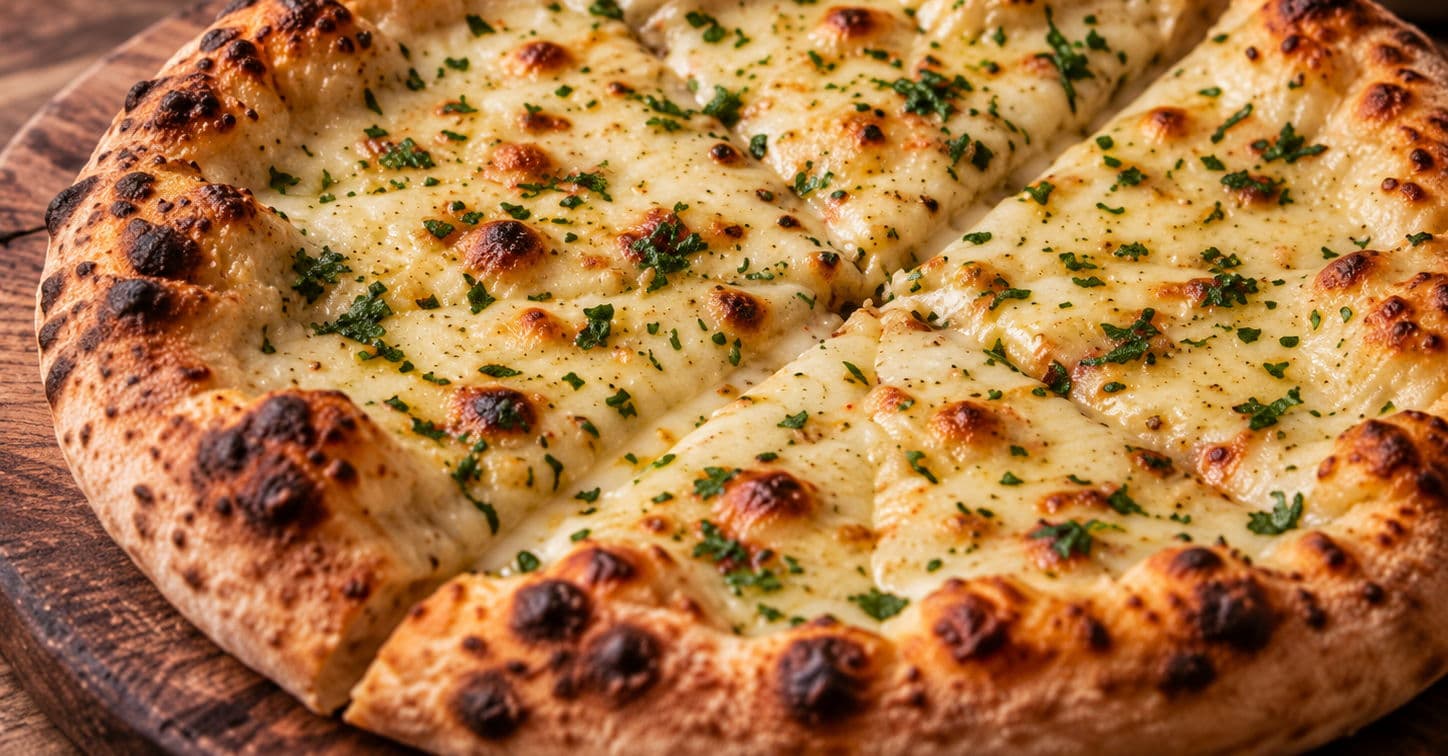 A freshly baked garlic pizza