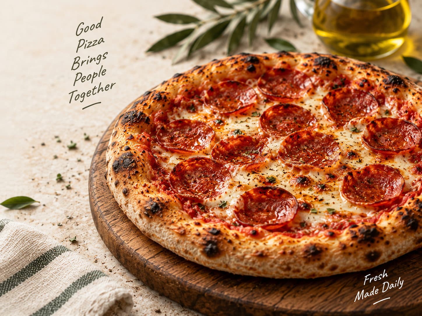 A freshly baked pepperoni pizza on a wooden board