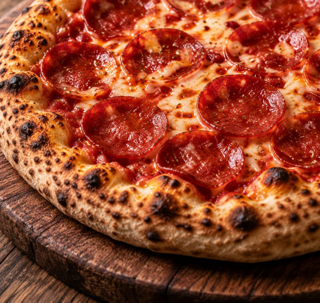 A freshly baked pepperoni pizza